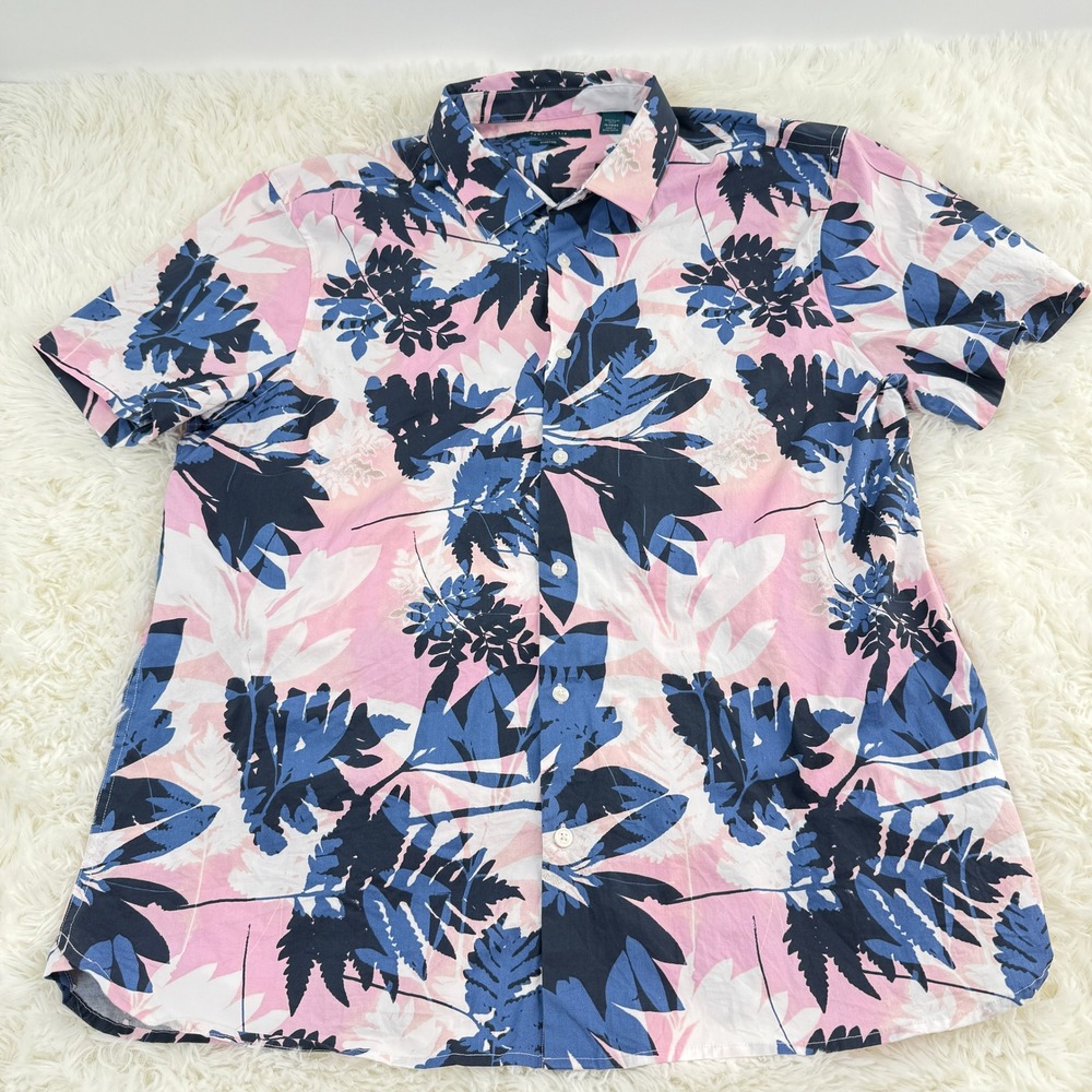 Perry Ellis Hawaiian Shirt Floral Stretch Button Up‎ Men's Size XL Beach Casual